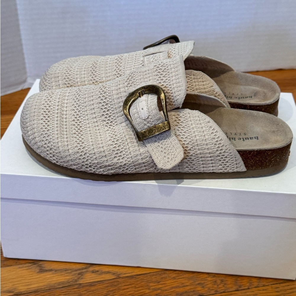Haute Hippie Beige Knit Mule Clogs with Buckle